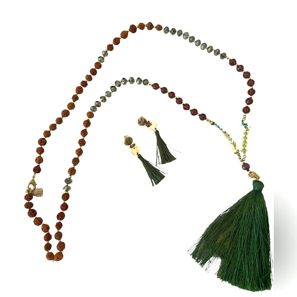 Lonna & Lilly green tassel 21 inch long woven bead necklace & matching earrings